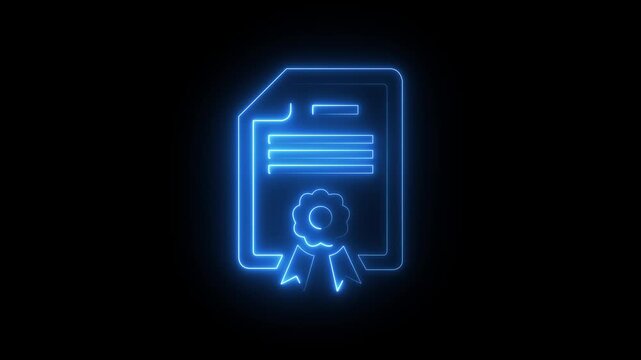 Neon Patent icon isolated on black background. HD Video motion graphic animation, a neon-style illustration of a certificate or document. The illustration is outlined in a bright blue glow. 4k video