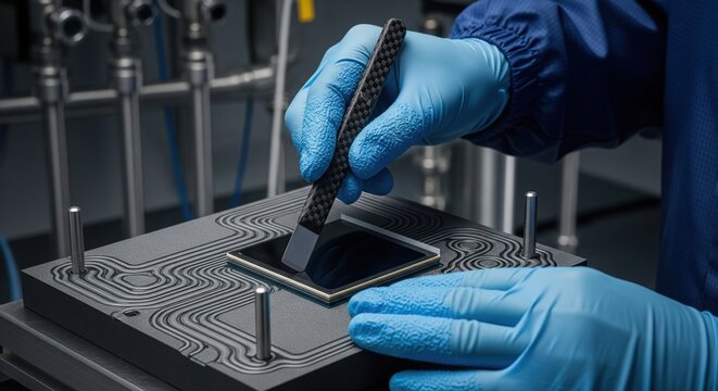 Technician aligning membrane electrode assembly onto graphite plate for hydrogen fuel cell production. Professional engineer working on sustainable green energy stack manufacturing.