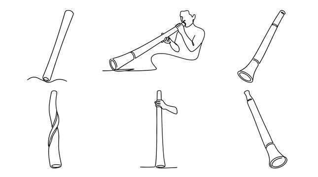 didgeridoo , six black Continuous Line Art (Single Line) vector set collection , white background , PNG and SVG