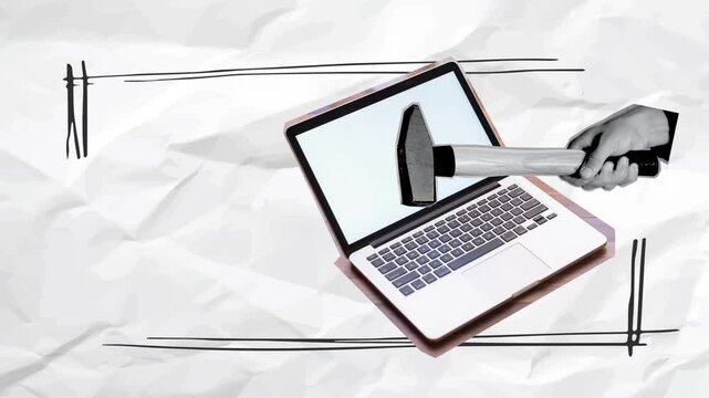 hand holding a hammer hitting a laptop with a white paper background