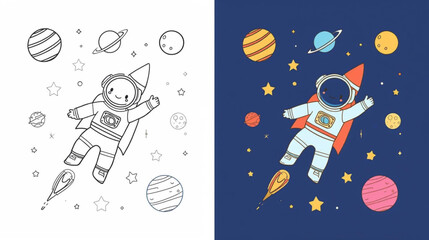 Coloring book-style illustration of an astronaut floating in space with a rocket, planets, stars © Pemuda