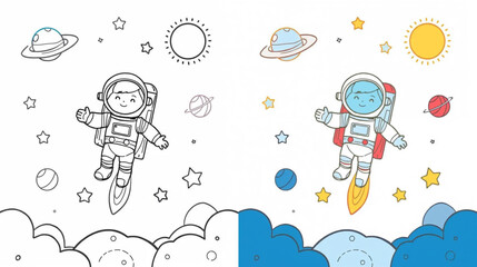 Coloring book-style illustration of an astronaut floating in space with a rocket, planets, stars © Pemuda