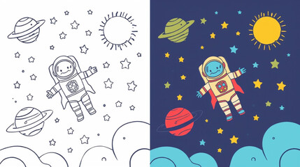 Coloring book-style illustration of an astronaut floating in space with a rocket, planets, stars © Pemuda