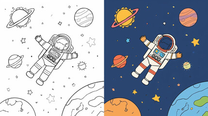 Coloring book-style illustration of an astronaut floating in space with a rocket, planets, stars © Pemuda