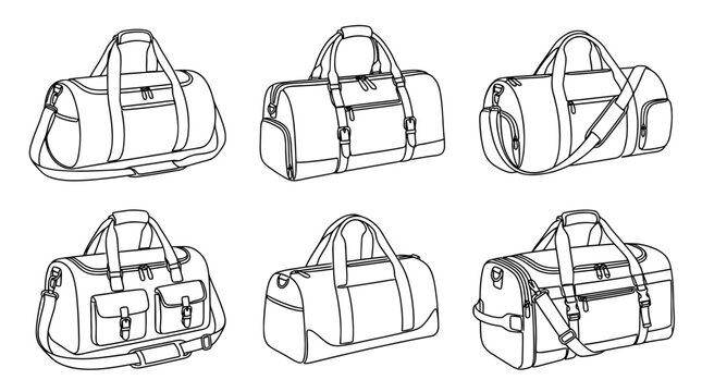duffle bag , six black Continuous Line Art (Single Line) vector set collection , white background , PNG and SVG