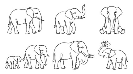 Obraz premium elephant , six black Continuous Line Art (Single Line) vector set collection , white background , PNG and SVG