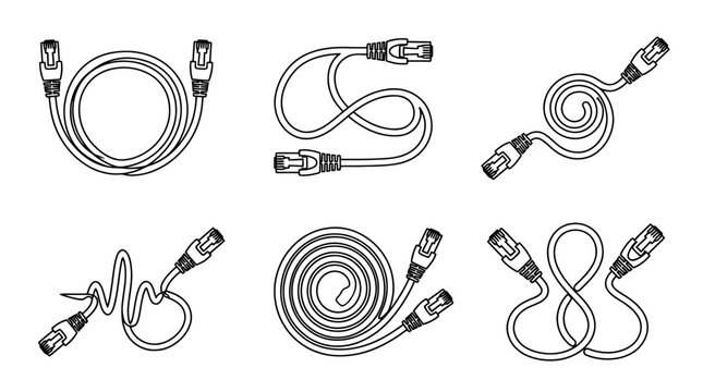 ethernet cable , six black Continuous Line Art (Single Line) vector set collection , white background , PNG and SVG