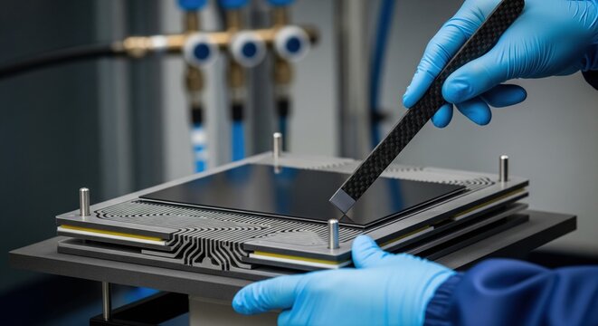 Technician aligning membrane electrode assembly onto graphite plate for hydrogen fuel cell production. Professional engineer working on sustainable green energy stack manufacturing.