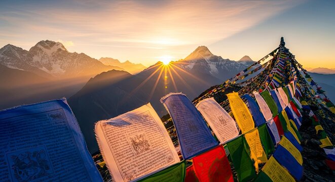 Prayer flags flutter across a high mountain ridge at sunrise