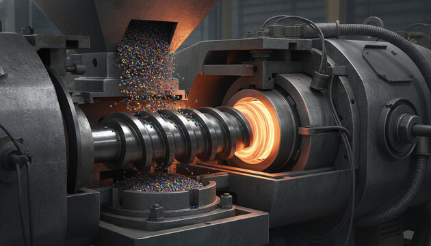Industrial plastic extrusion machine with rotating steel screw and colorful polymer pellets