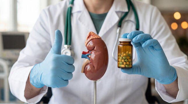 Doctor shows a human kidney model and medication, giving a thumbs up for successful renal health treatment and care