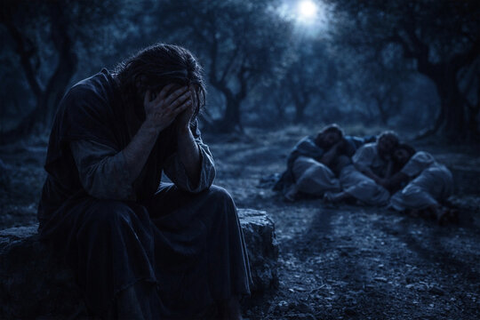 Cinematic Jesus in Gethsemane: A soulful, high-resolution biblical portrait.