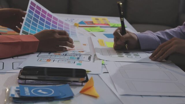 Asian uxui designer working on website design using sticky notes and wireframes