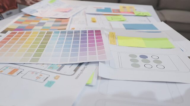 Asian uxui designer working on website design using sticky notes and wireframes