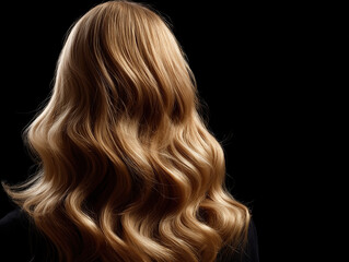 Naklejka premium The rear view of a woman with long, shiny, perfectly styled honey-blonde hair falling in luxurious waves.