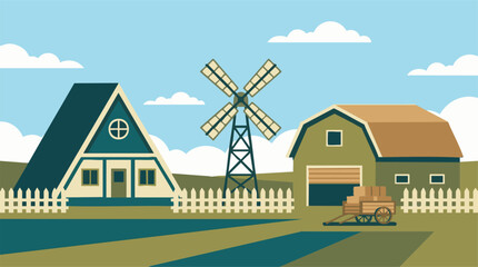 Minimalist vector illustration of a rural farm landscape with house, windmill, and barn © TRSTOCK