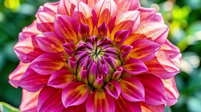 Macro timelapse of a dahlia bud transforming into a full multi-layered bloom.