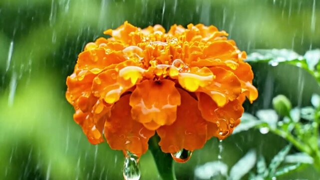 Slow motion close-up of a marigold flower head bobbing in gentle rain, vibrant orange petals wet.