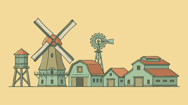 Rural Farm Landscape Illustration with Barns, Windmills, and Water Tower