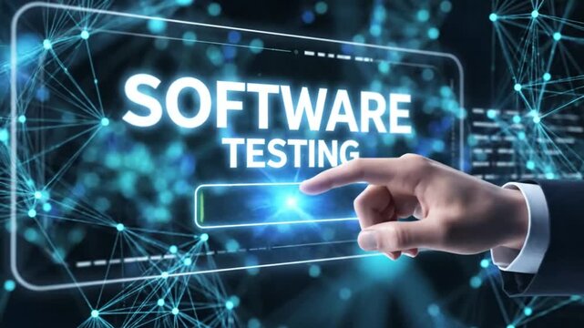 Software testing process with hand pushing button and progress bar loading against abstract digital network.