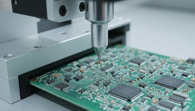 Automated SMT pick and place machine nozzle holding micro capacitor over PCB