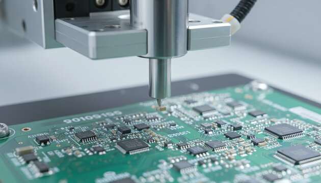 Automated SMT pick and place machine nozzle holding micro capacitor over PCB