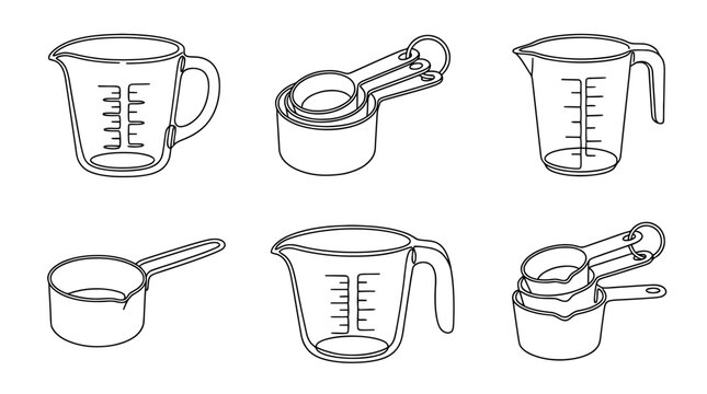 measuring cup , six black Continuous Line Art (Single Line) vector set collection , white background , PNG and SVG