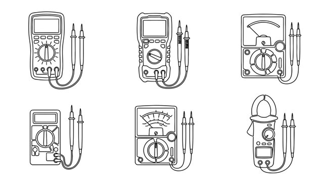 multimeter , six black Continuous Line Art (Single Line) vector set collection , white background , PNG and SVG