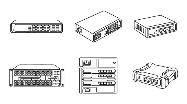 network switch , six black Continuous Line Art (Single Line) vector set collection , white background , PNG and SVG