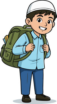 Young Muslim Boy Smiling While Carrying Backpack for School or Religious Education