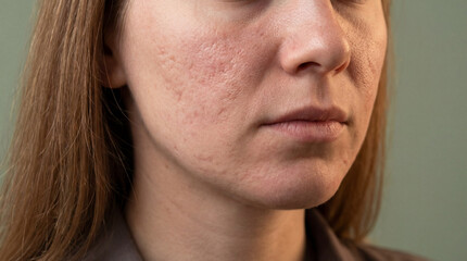 Fototapeta premium Close-up of a woman's face showing prominent acne scars and uneven skin texture. Highlights common skin imperfections