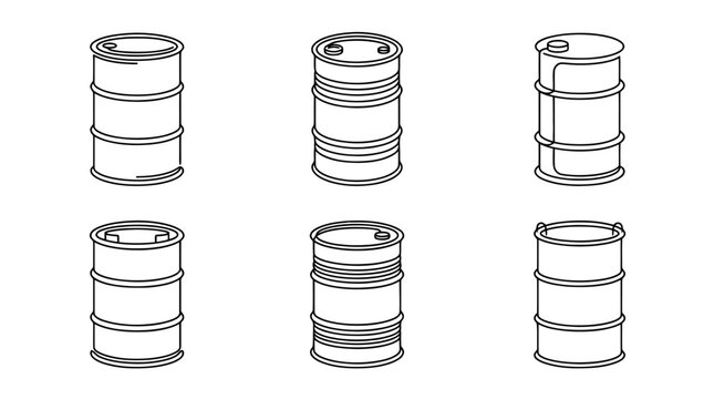 oil drum , six black Continuous Line Art (Single Line) vector set collection , white background , PNG and SVG