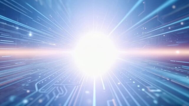 Abstract digital high-tech background featuring high-speed data transfer, fiber optic network, circuit board light effects, AI artificial intelligence, and cloud computing data flow for corporate tech