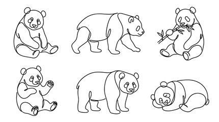 Fototapeta premium panda , six black Continuous Line Art (Single Line) vector set collection , white background , PNG and SVG