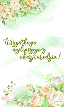 Kartka lub baner z życzeniami urodzinowymi w kolorze zielonym na biało-zielonym tle, z beżowymi i r&oacute;żowymi kwiatami po obu stronach.