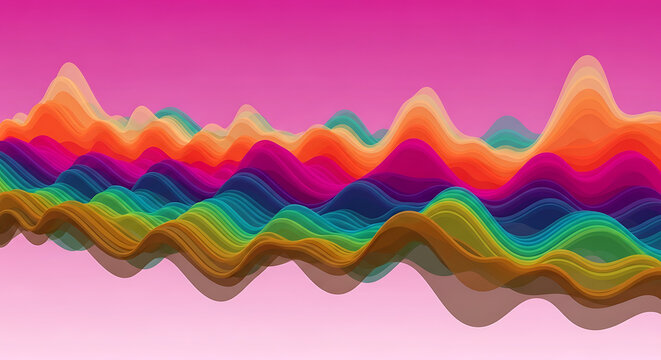 3D rainbow waveform representing audio sound waves or signal frequency analysis with colorful peaks on a pink gradient background