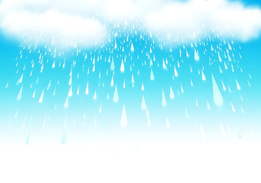 Cartoon clouds and rain falling from the sky, natural weather background, blue gradient atmosphere, light blue
