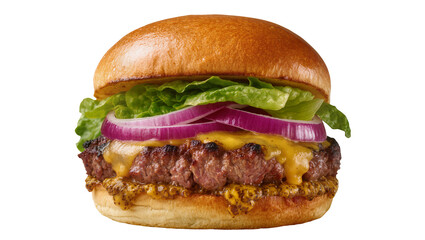 Juicy beef burger with melted cheese red onion and lettuce, isolated on transparent background