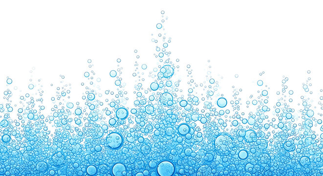 Abstract pattern of rising blue bubbles and water droplets against a white background, representing freshness and clarity