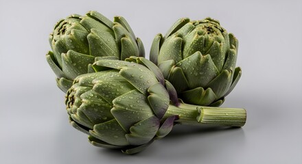 Fototapeta premium Green artichokes still life with water droplets on light gray background