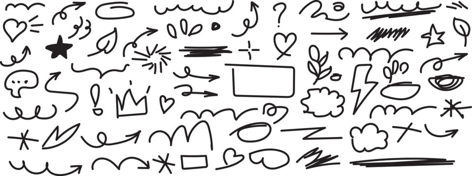 Collection of hand drawn doodles and scribbles on white background