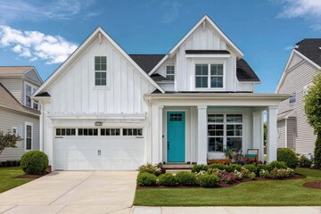 Fototapeta premium New construction white cottage with turquoise door and landscaped front yard
