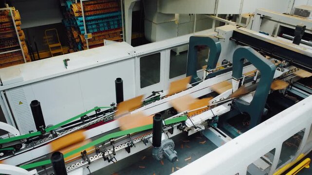 Rapid packaging line setup. Conveyor system efficiently manages carton assembly and handling. Systematized automation ensures quick and seamless carton fabrication and transportation