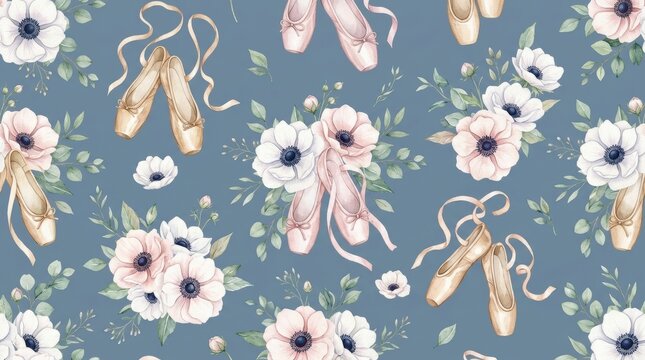 A beautiful pattern featuring ballet shoes and flowers on a blue background, perfect for dance or ballet themed designs.