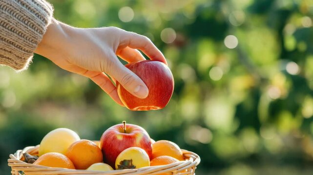 Hand picking red apple from basket with oranges and lemons