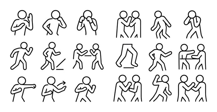 Stick figures performing fighting and self defense poses on grid