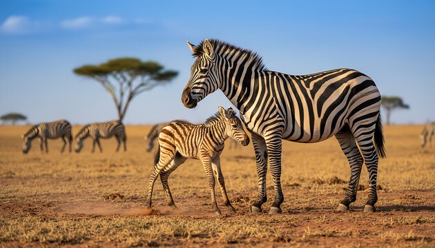 Zebra mother and foal in nature
