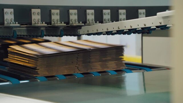 Device quickly arranges stacked items. Rapid pusher mechanism reorganizes blank stacks smoothly. Efficient arm system rapidly transfers and arranges stacks between conveyor belts with precision