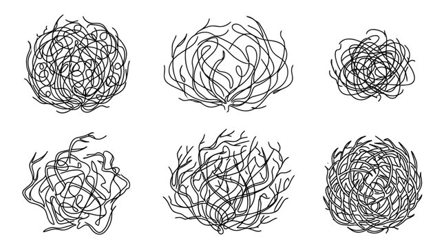 tumbleweed , six black Continuous Line Art (Single Line) vector set collection , white background , PNG and SVG