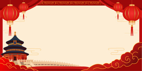 Traditional Chinese architecture and decor for celebration backdrop. Perfect for festive promotions, greeting cards, and cultural events. © Ocha Designs